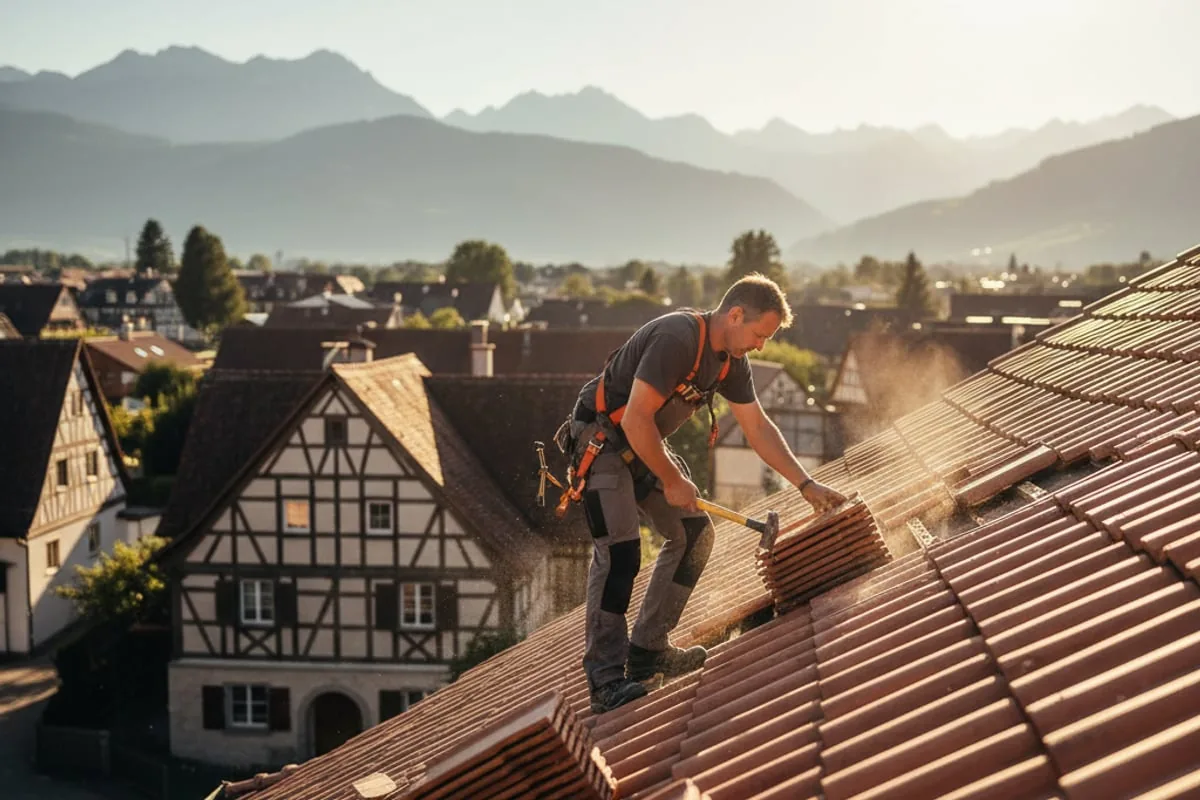 Dachdecker bei der Arbeit an einem Ziegeldach