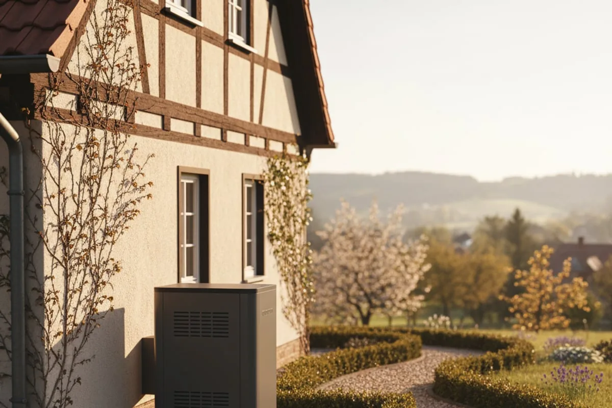 Moderne Wärmepumpe an einer Hauswand